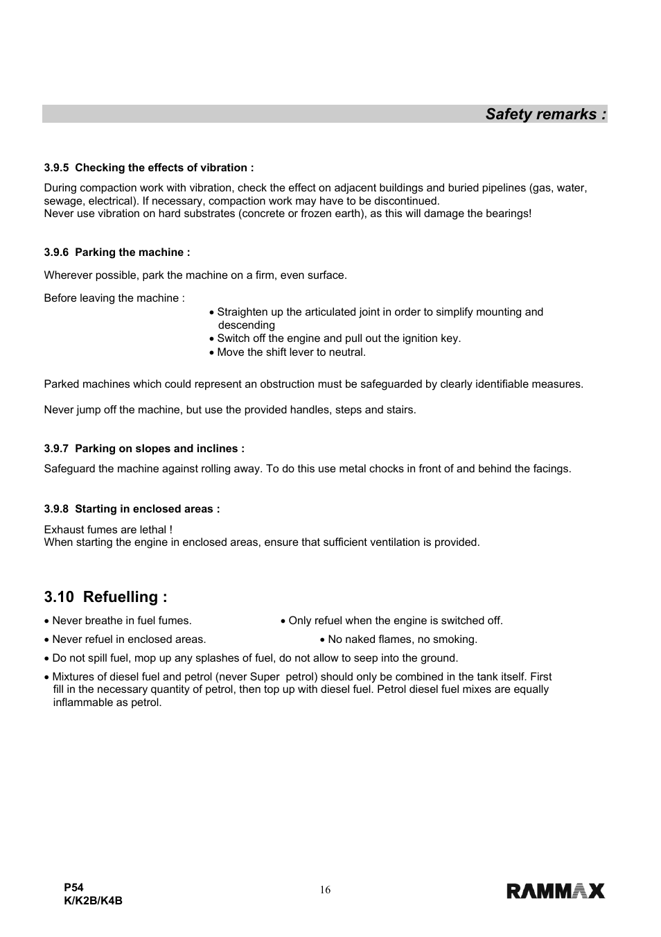 Safety remarks, 10 refuelling | Multiquip P54K-K2B-K4B User Manual | Page 18 / 44