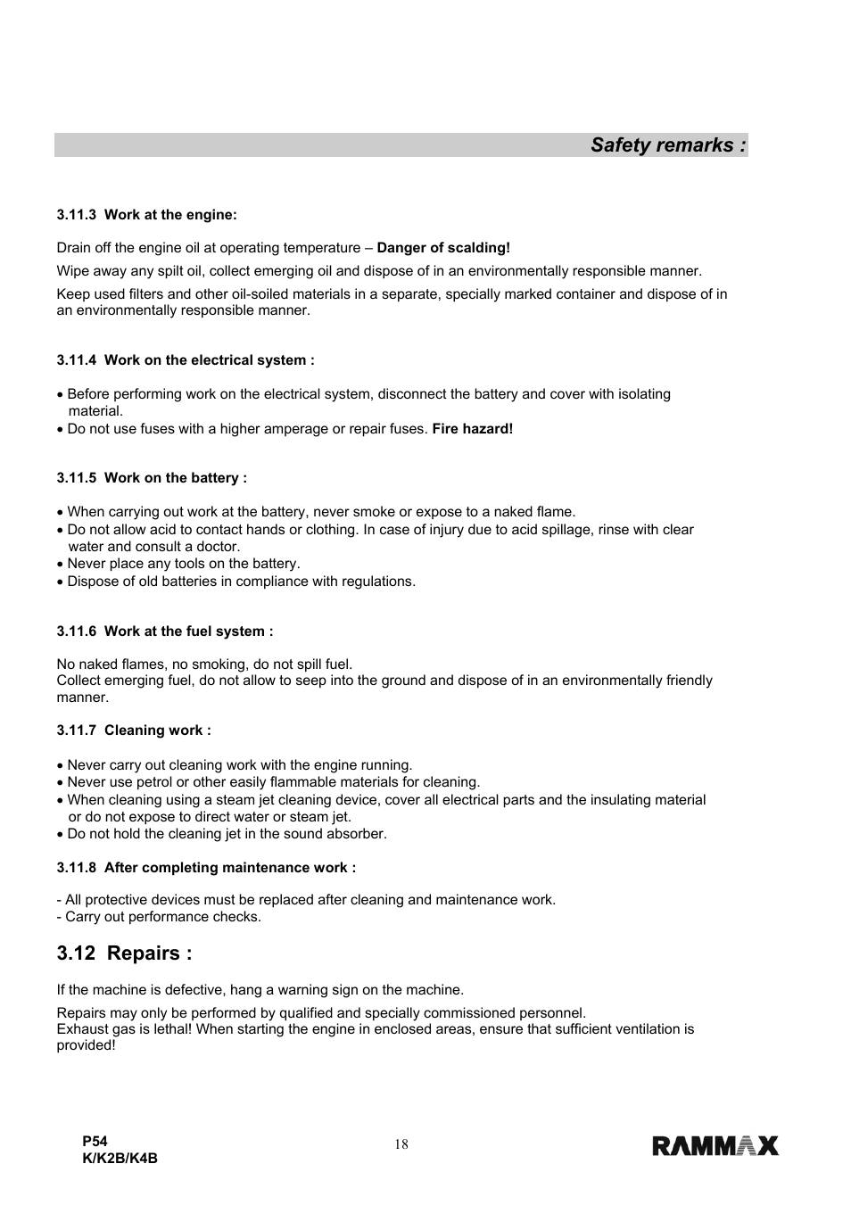 Safety remarks, 12 repairs | Multiquip P54K-K2B-K4B User Manual | Page 20 / 44