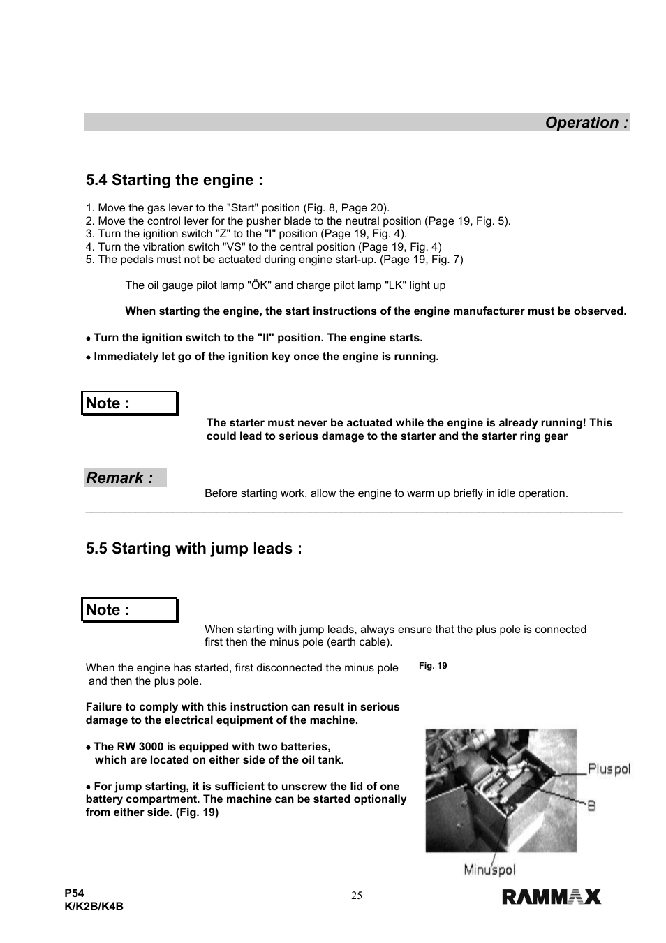 Operation, 4 starting the engine, Remark | 5 starting with jump leads | Multiquip P54K-K2B-K4B User Manual | Page 27 / 44
