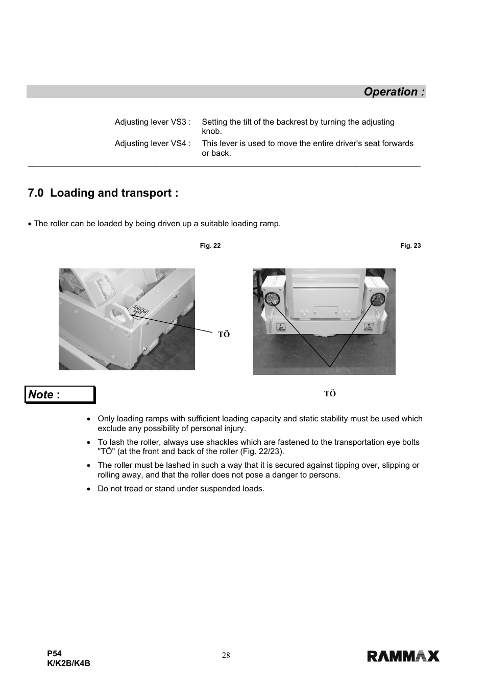 Operation, 0 loading and transport | Multiquip P54K-K2B-K4B User Manual | Page 30 / 44