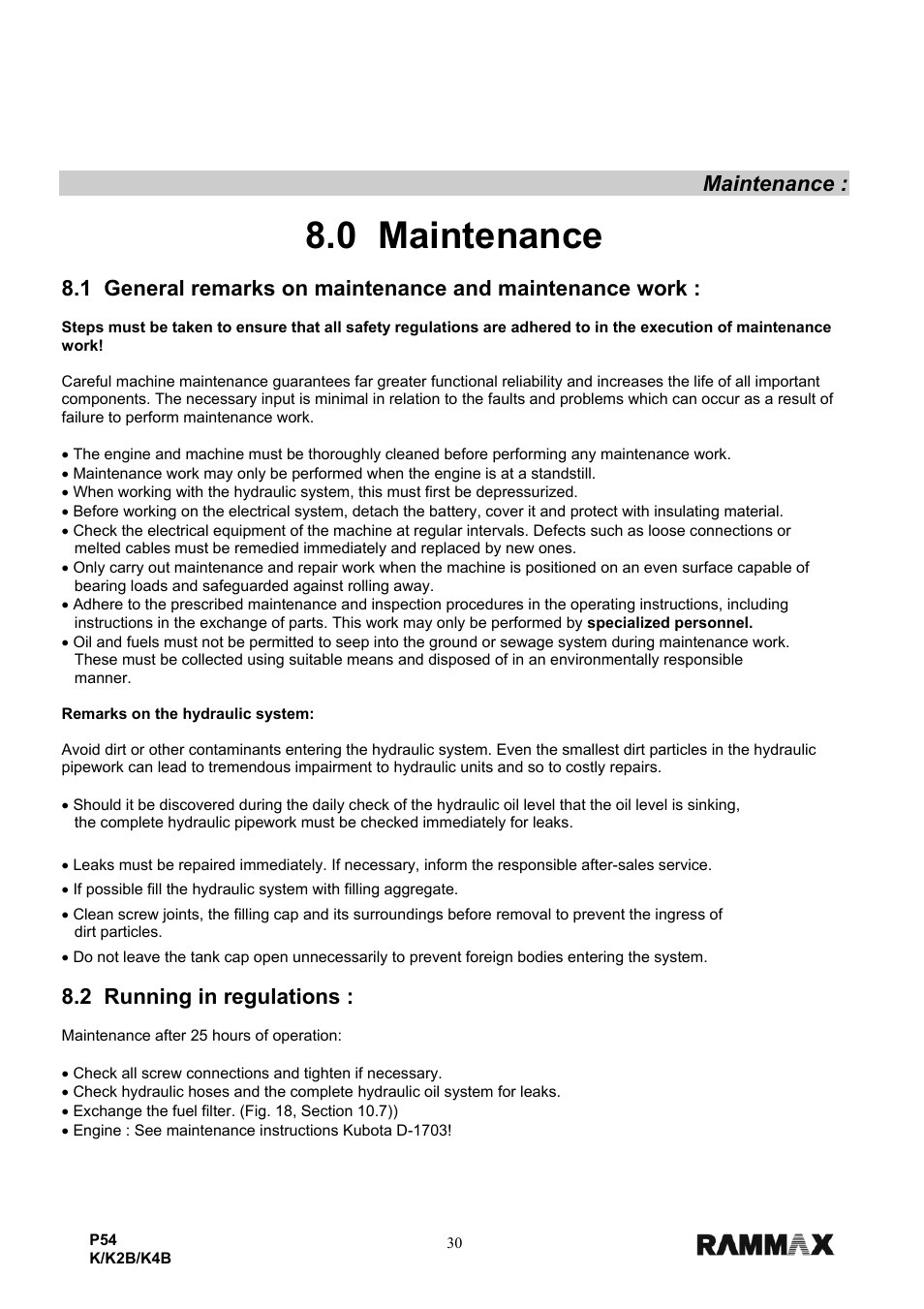 0 maintenance, Maintenance, 2 running in regulations | Multiquip P54K-K2B-K4B User Manual | Page 32 / 44