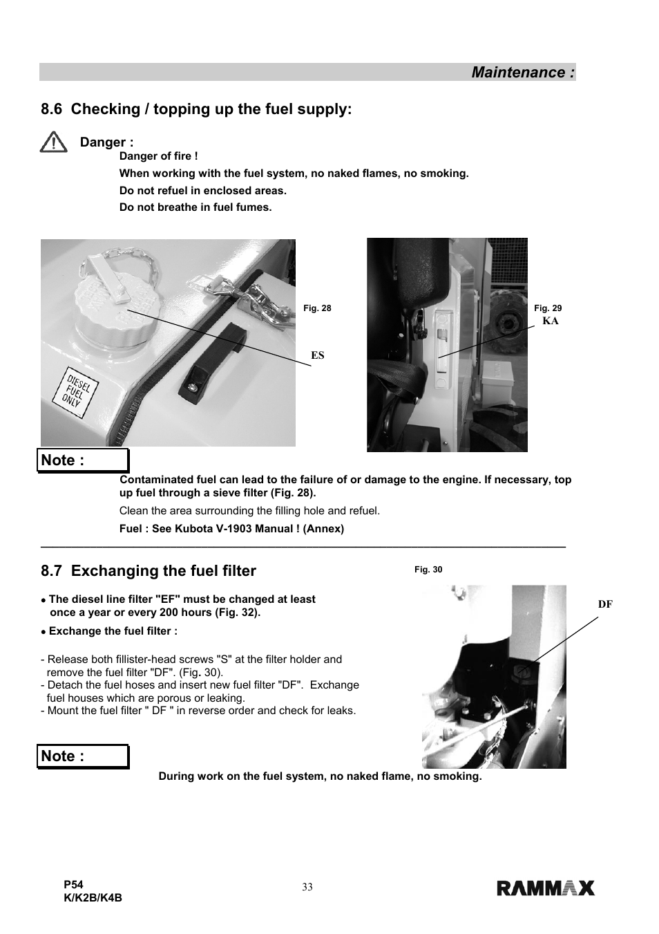 7 exchanging the fuel filter, Danger | Multiquip P54K-K2B-K4B User Manual | Page 35 / 44