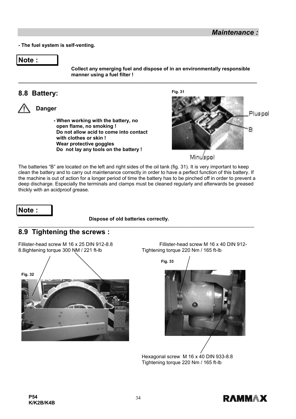 Maintenance, 8 battery, 9 tightening the screws | Multiquip P54K-K2B-K4B User Manual | Page 36 / 44