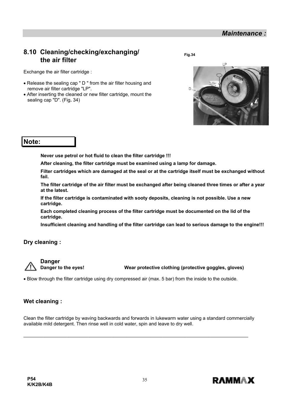 Maintenance, 10 cleaning/checking/exchanging/ the air filter, Dry cleaning | Danger, Wet cleaning | Multiquip P54K-K2B-K4B User Manual | Page 37 / 44