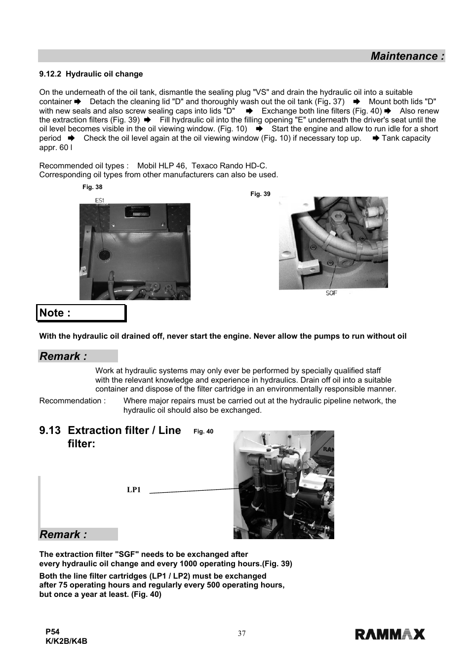 Maintenance, Remark, 13 extraction filter / line filter: remark | Multiquip P54K-K2B-K4B User Manual | Page 39 / 44