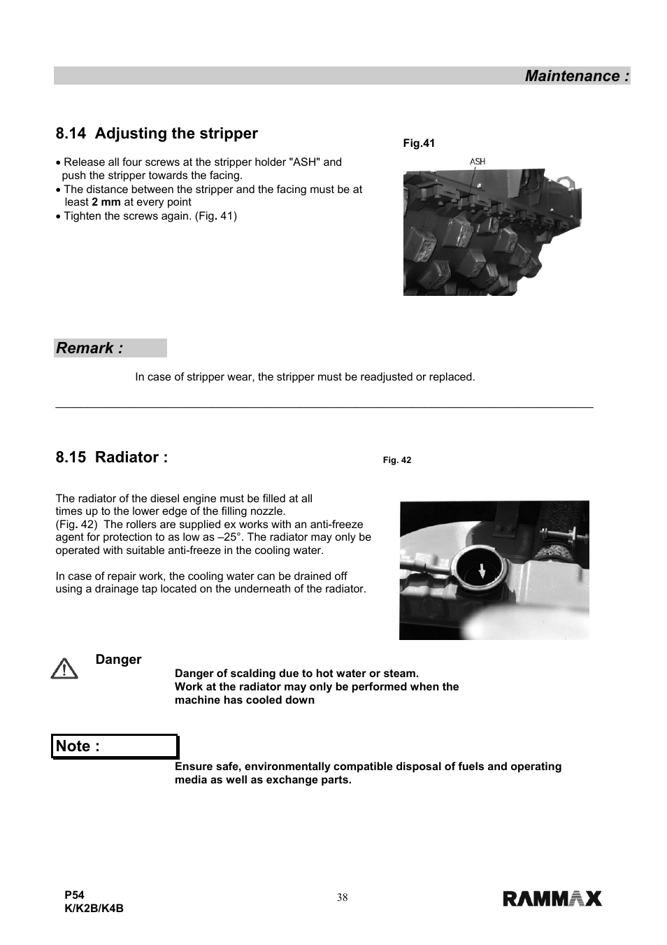 Maintenance, 14 adjusting the stripper, Remark | 15 radiator | Multiquip P54K-K2B-K4B User Manual | Page 40 / 44