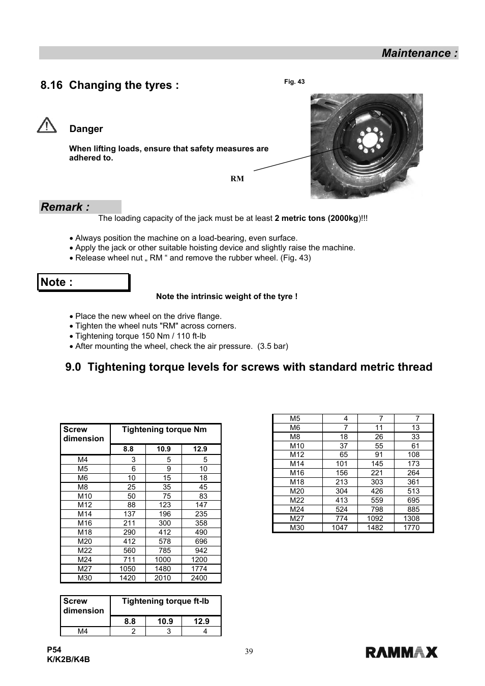 Maintenance, 16 changing the tyres, Remark | Danger | Multiquip P54K-K2B-K4B User Manual | Page 41 / 44
