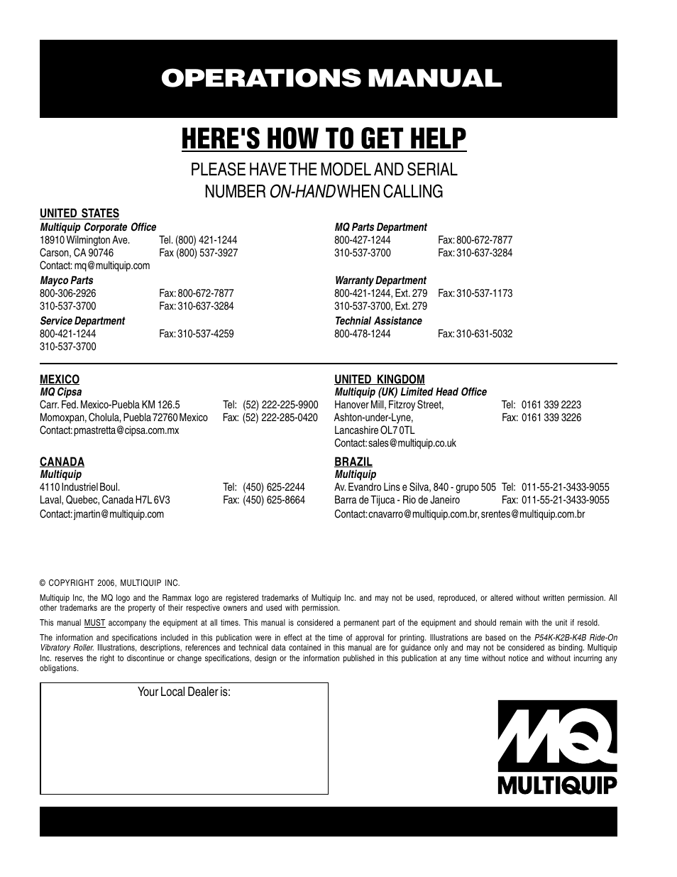 Here's how to get help, Operations manual, On-hand | Please have the model and serial number, When calling | Multiquip P54K-K2B-K4B User Manual | Page 44 / 44