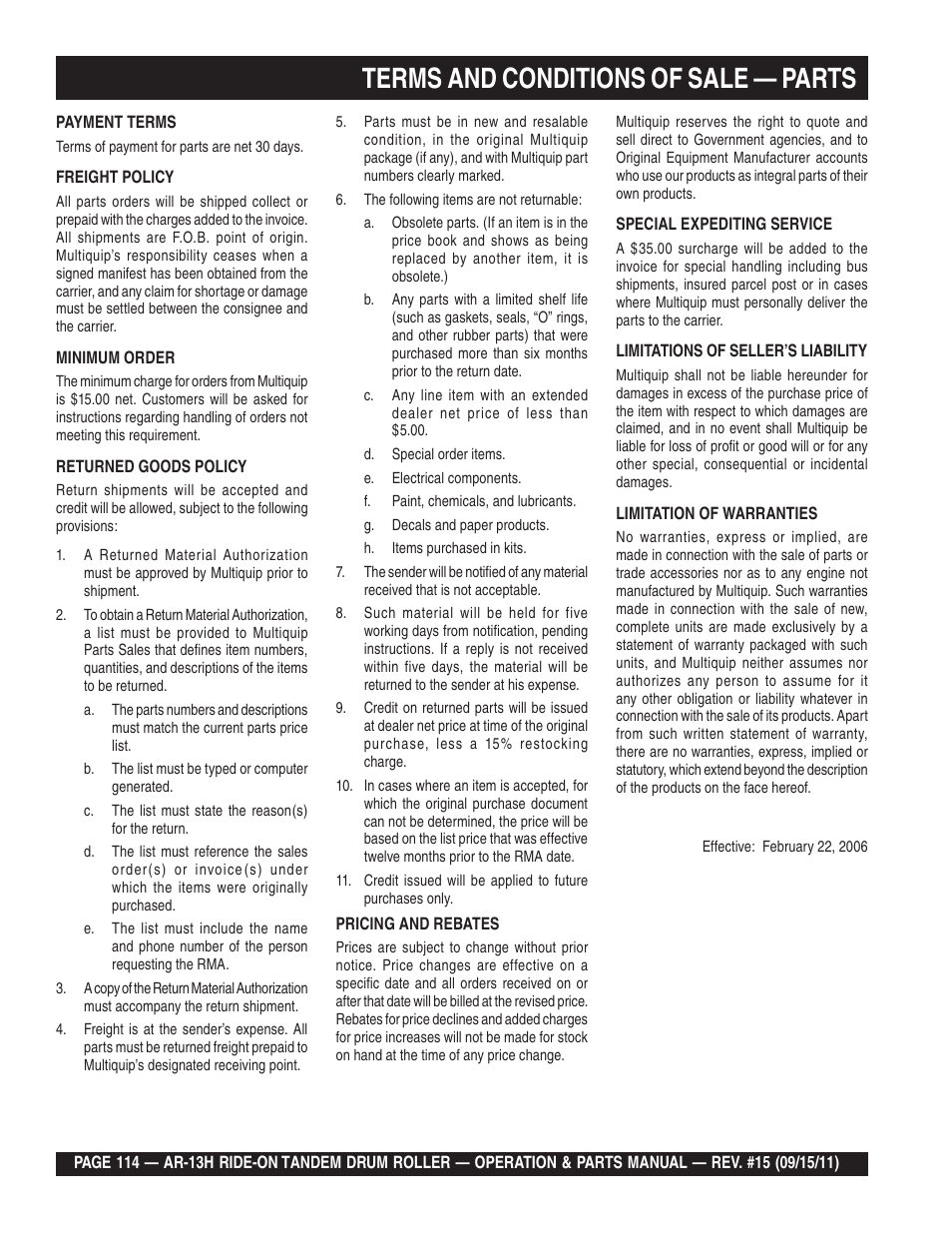 Terms and conditions of sale — parts | Multiquip AR13H User Manual | Page 114 / 116