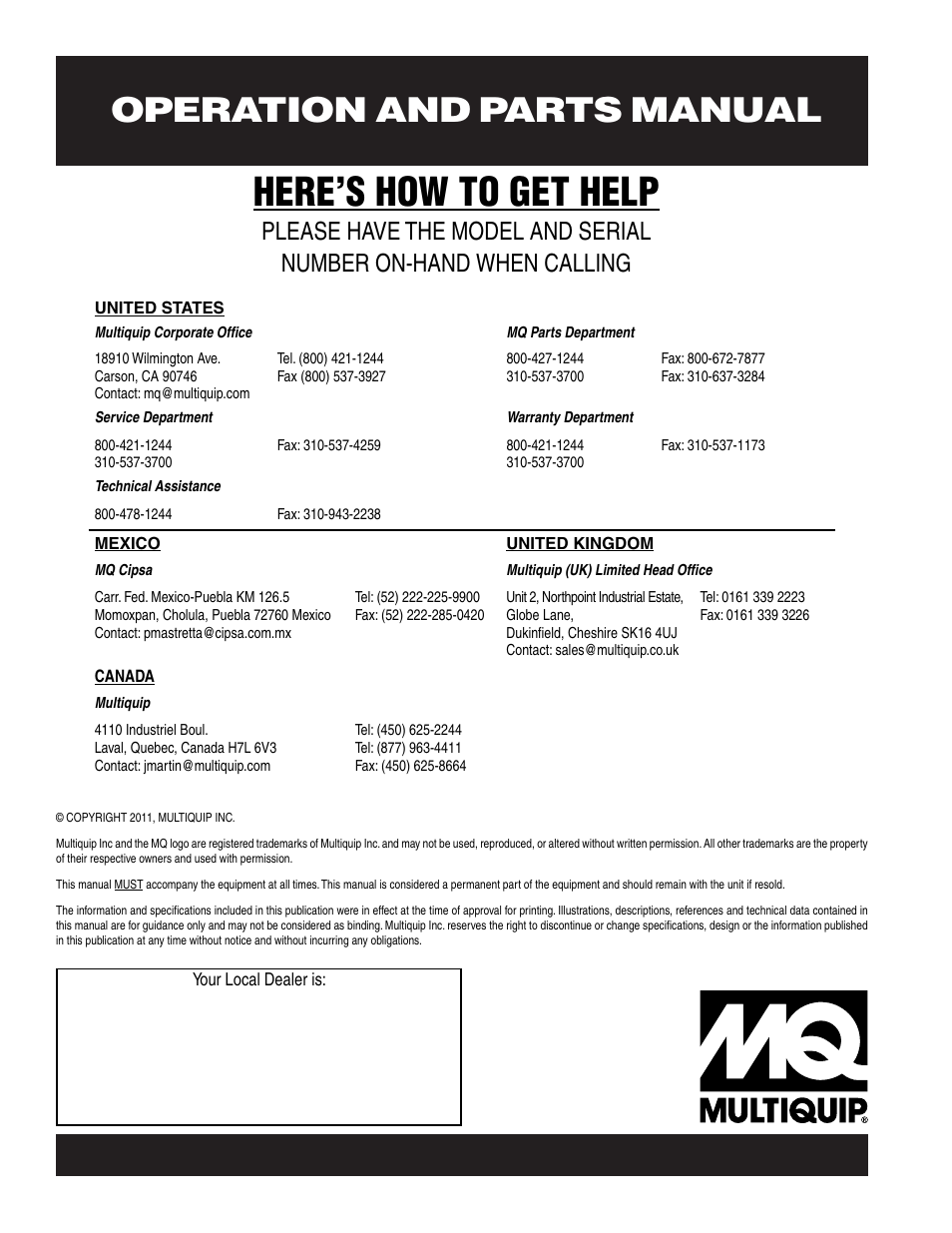 Here’s how to get help, Operation and parts manual | Multiquip AR13H User Manual | Page 116 / 116