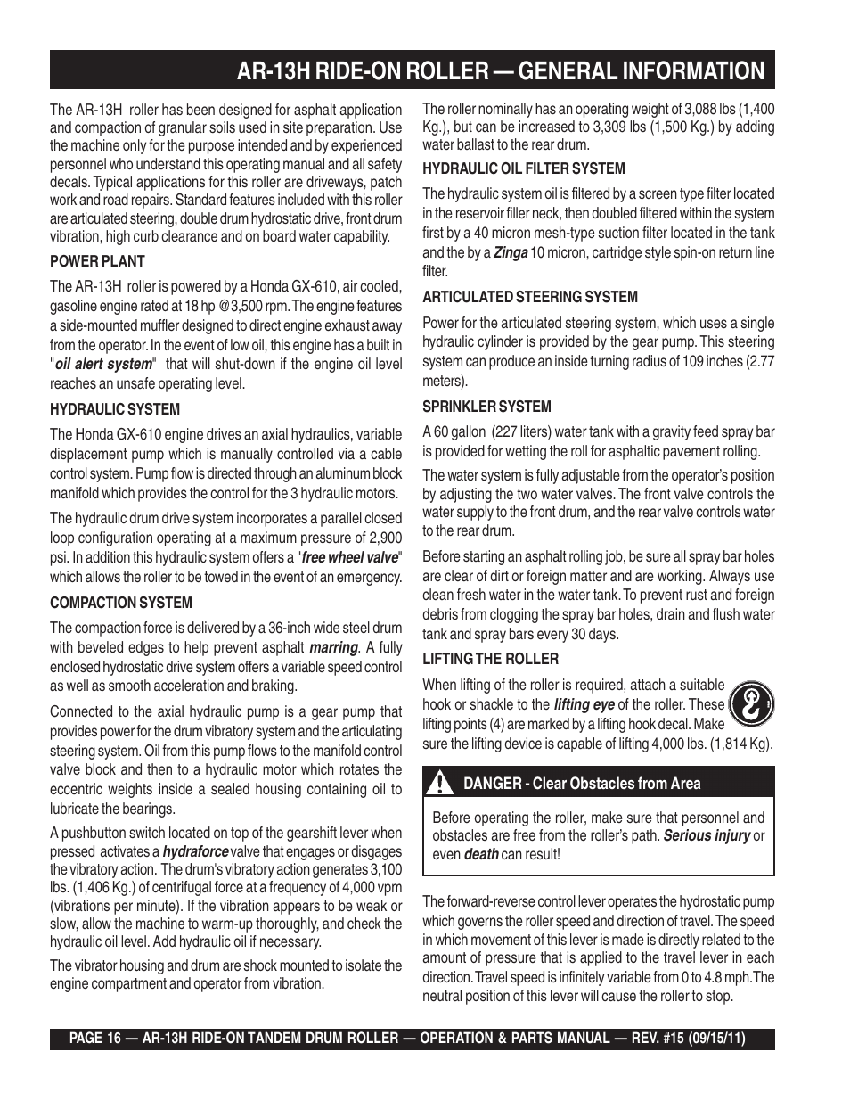 Ar-13h ride-on roller — general information | Multiquip AR13H User Manual | Page 16 / 116