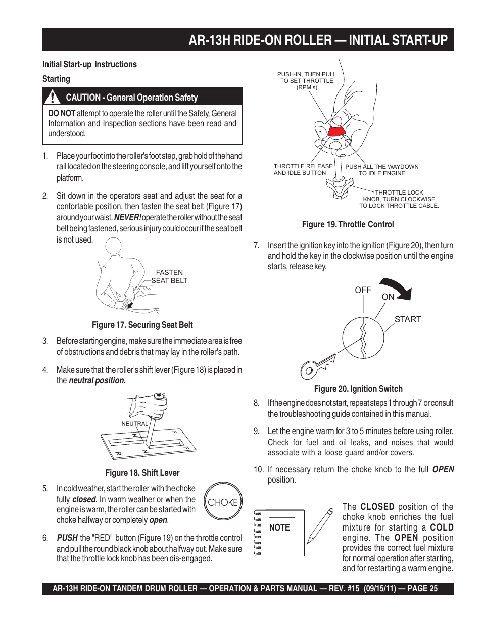 Ar-13h ride-on roller — initial start-up | Multiquip AR13H User Manual | Page 25 / 116