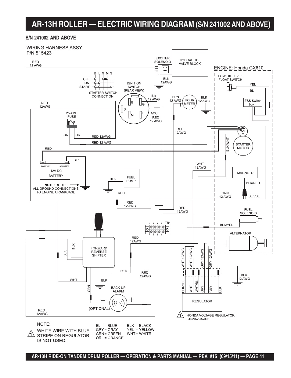 Ar-13h roller — electric wiring diagram | Multiquip AR13H User Manual | Page 41 / 116