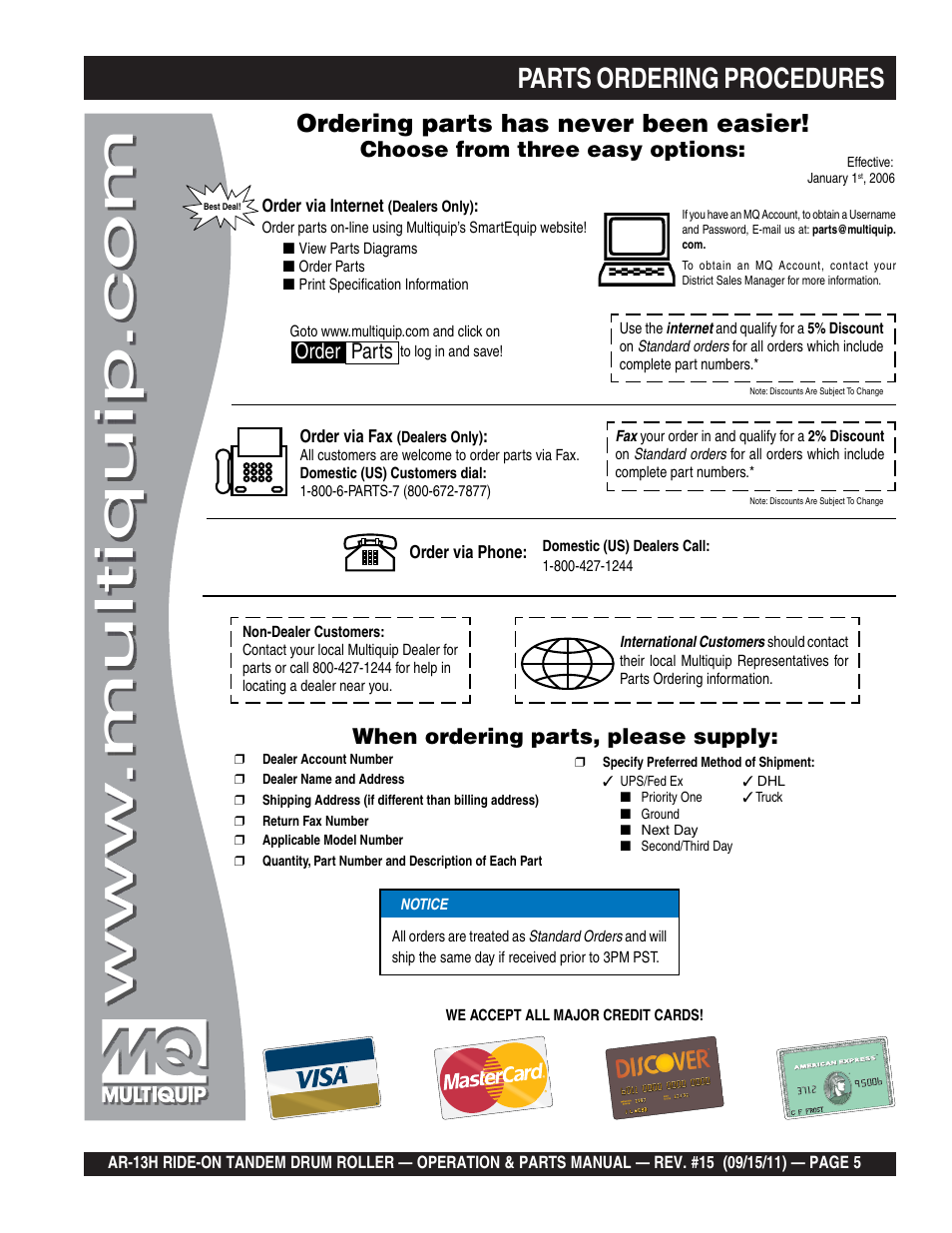 Parts ordering procedures, Ordering parts has never been easier, Choose from three easy options | When ordering parts, please supply, Order parts | Multiquip AR13H User Manual | Page 5 / 116