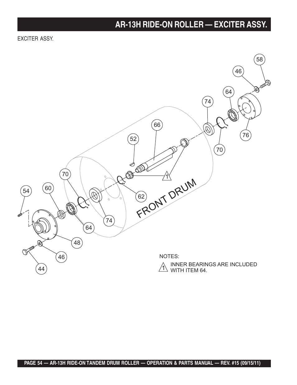 Front drum, Ar-13h ride-on roller — exciter assy | Multiquip AR13H User Manual | Page 54 / 116