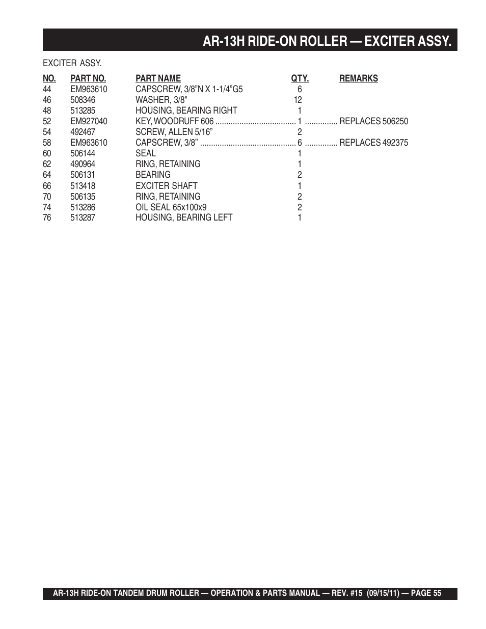 Ar-13h ride-on roller — exciter assy | Multiquip AR13H User Manual | Page 55 / 116