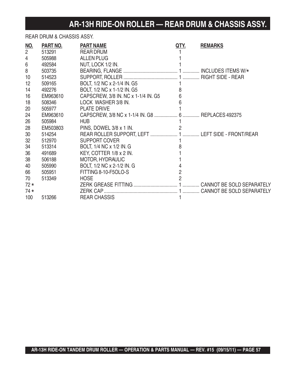 Ar-13h ride-on roller — rear drum & chassis assy | Multiquip AR13H User Manual | Page 57 / 116