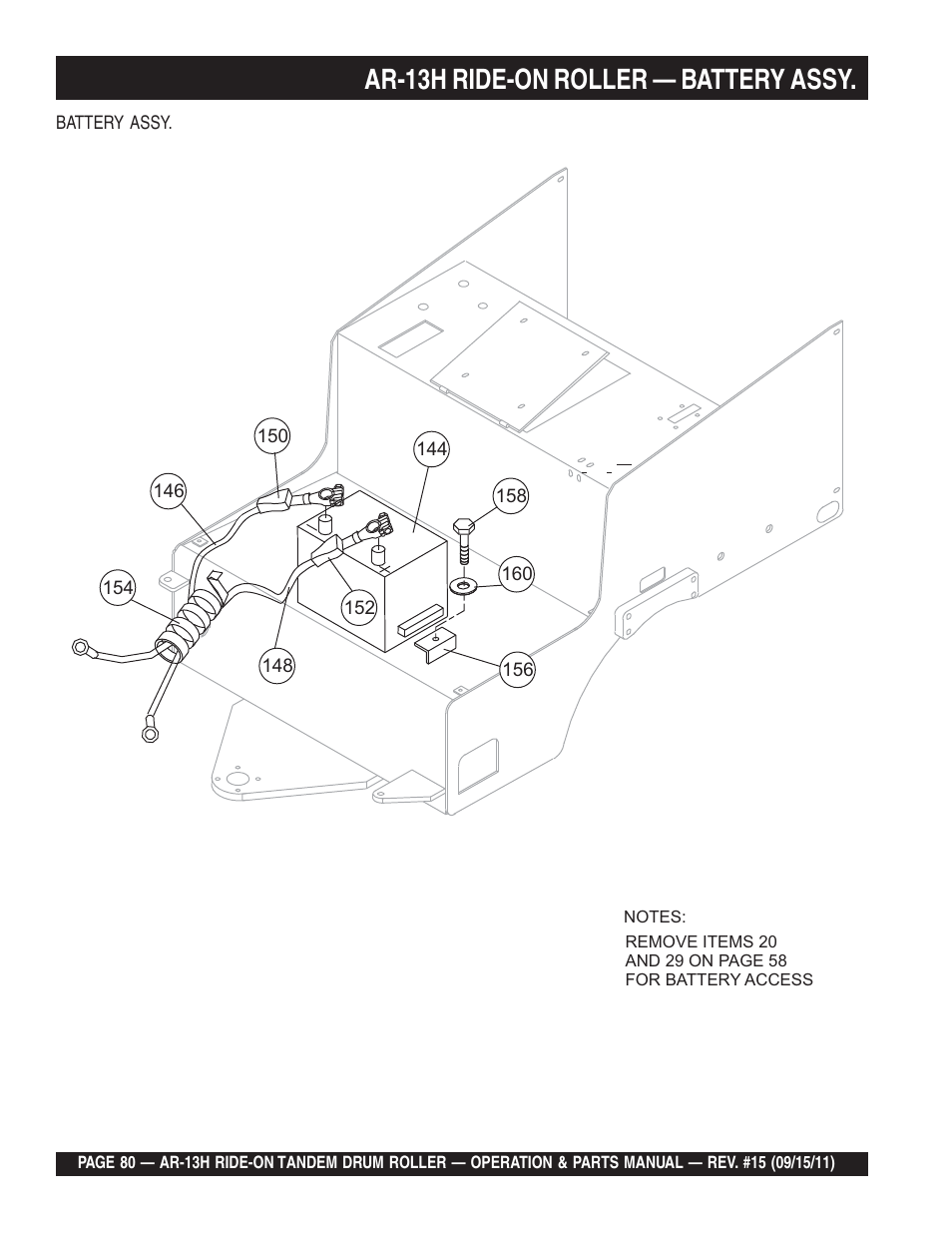 Ar-13h ride-on roller — battery assy | Multiquip AR13H User Manual | Page 80 / 116