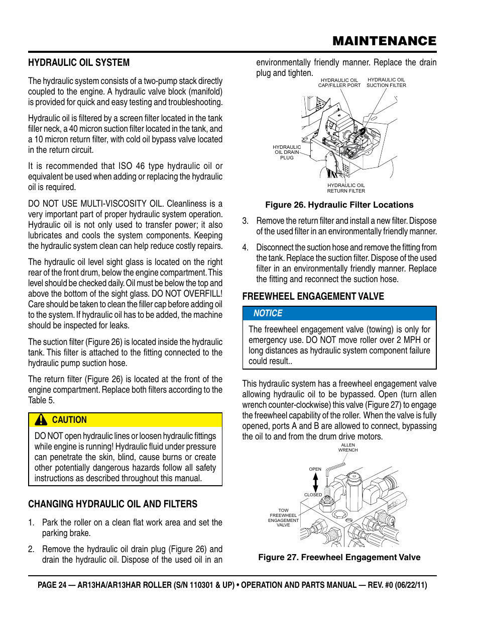 Maintenance, Hydraulic oil system, Changing hydraulic oil and filters | Freewheel engagement valve | Multiquip AR13HAR User Manual | Page 24 / 82
