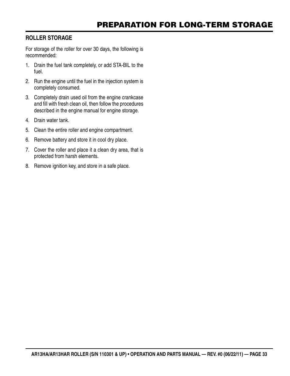 Preparation for long-term storage | Multiquip AR13HAR User Manual | Page 33 / 82