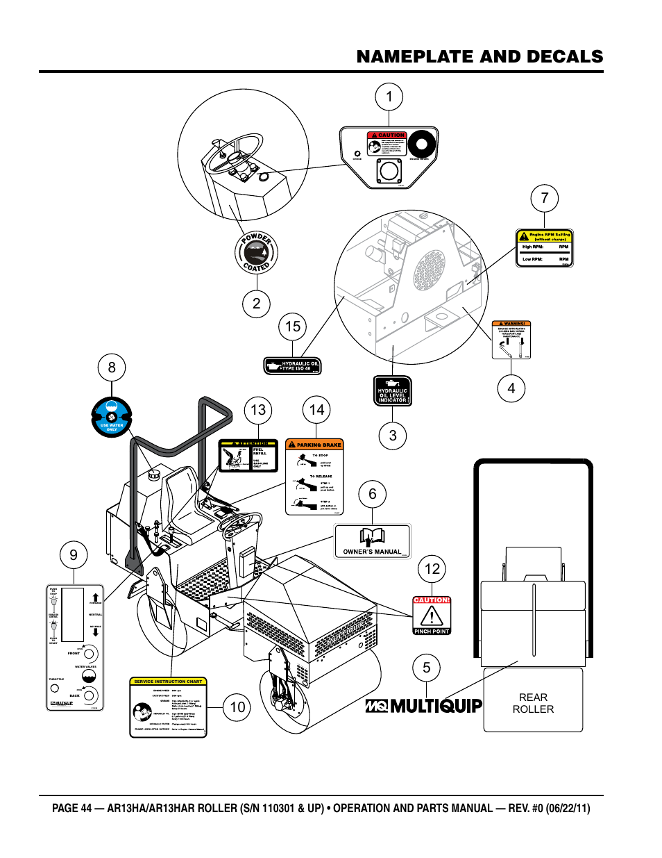Nameplate and decals, Rear roller | Multiquip AR13HAR User Manual | Page 44 / 82