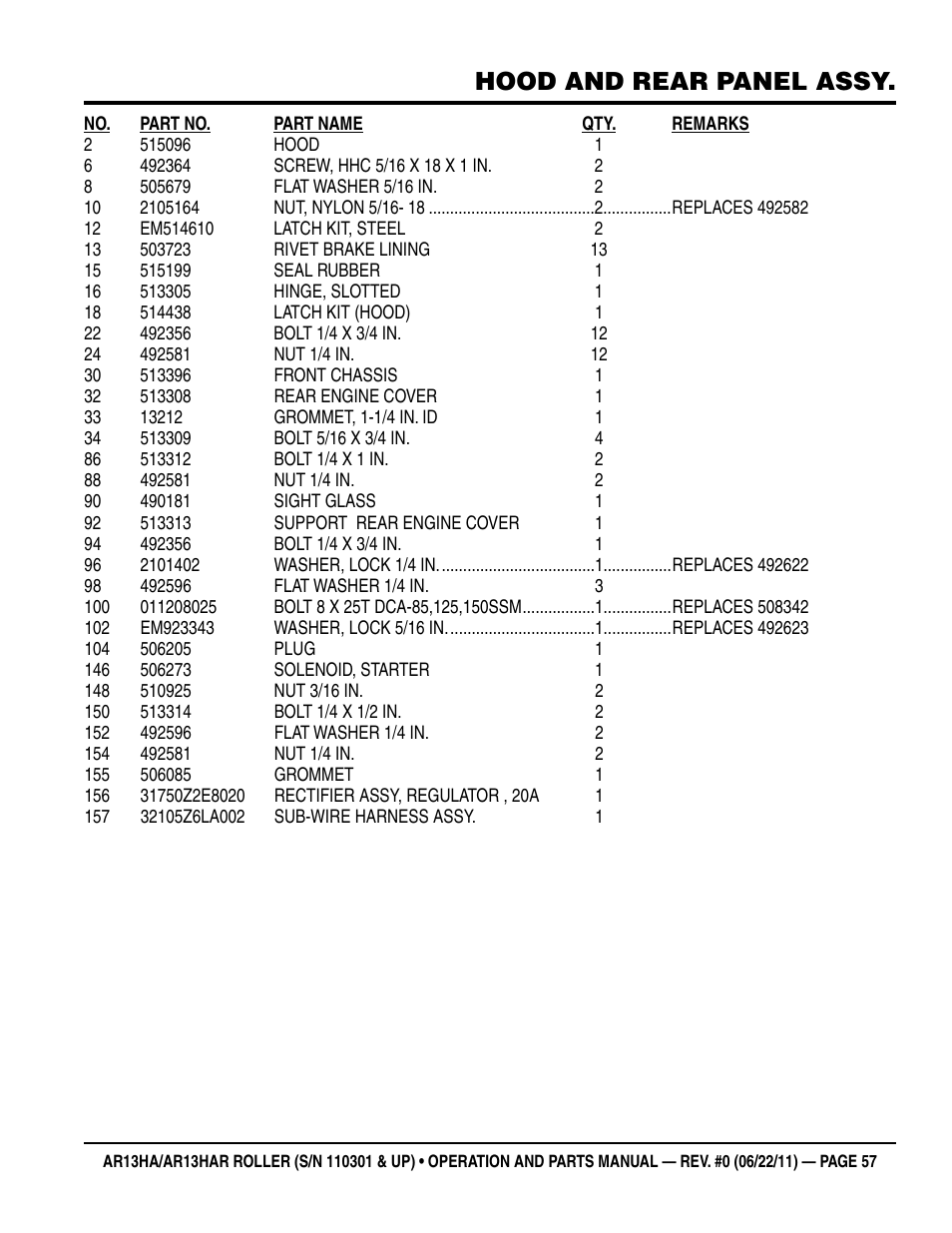 Hood and rear panel assy | Multiquip AR13HAR User Manual | Page 57 / 82