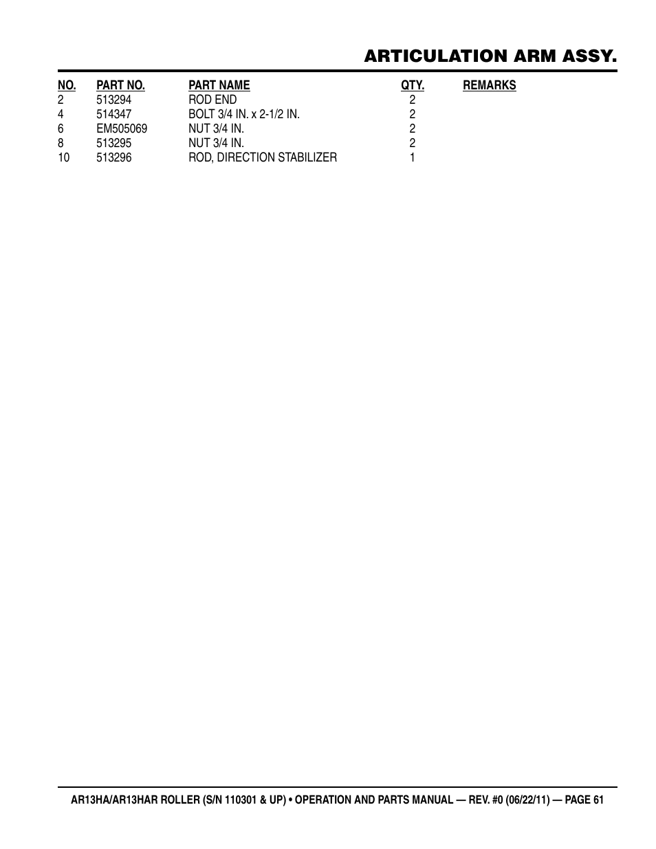 Articulation arm assy | Multiquip AR13HAR User Manual | Page 61 / 82
