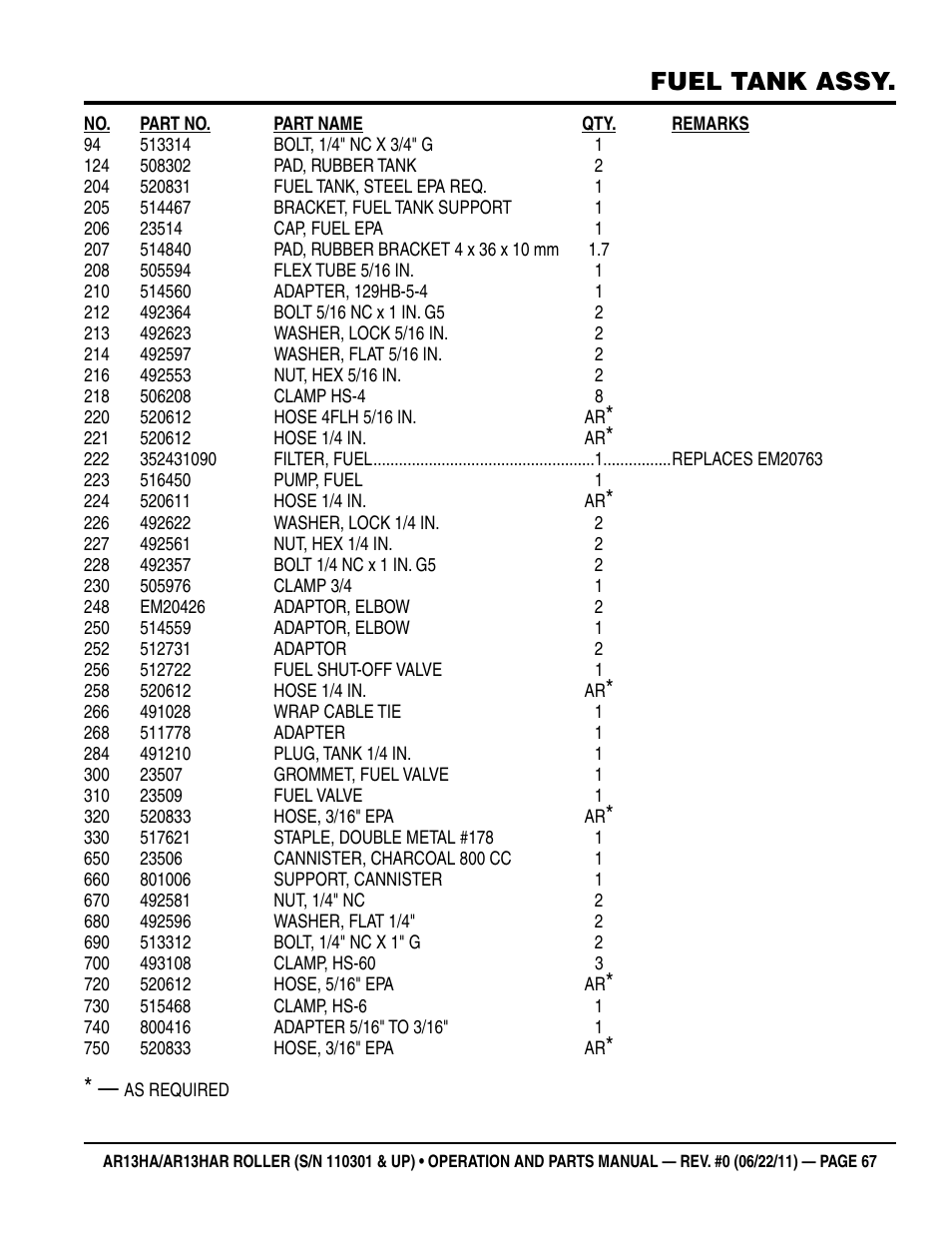 Fuel tank assy | Multiquip AR13HAR User Manual | Page 67 / 82