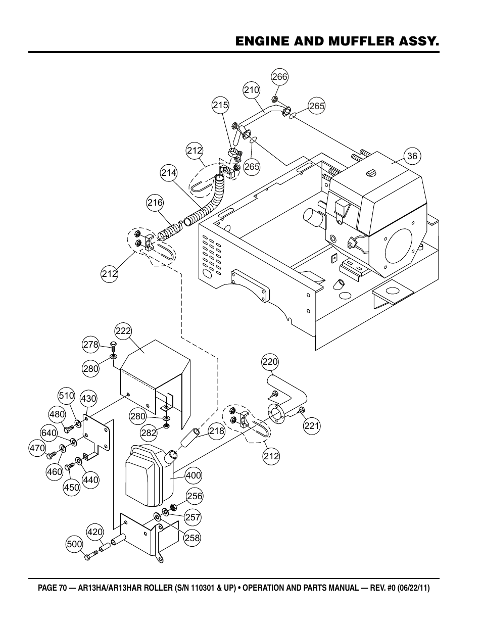 Engine and muffler assy | Multiquip AR13HAR User Manual | Page 70 / 82