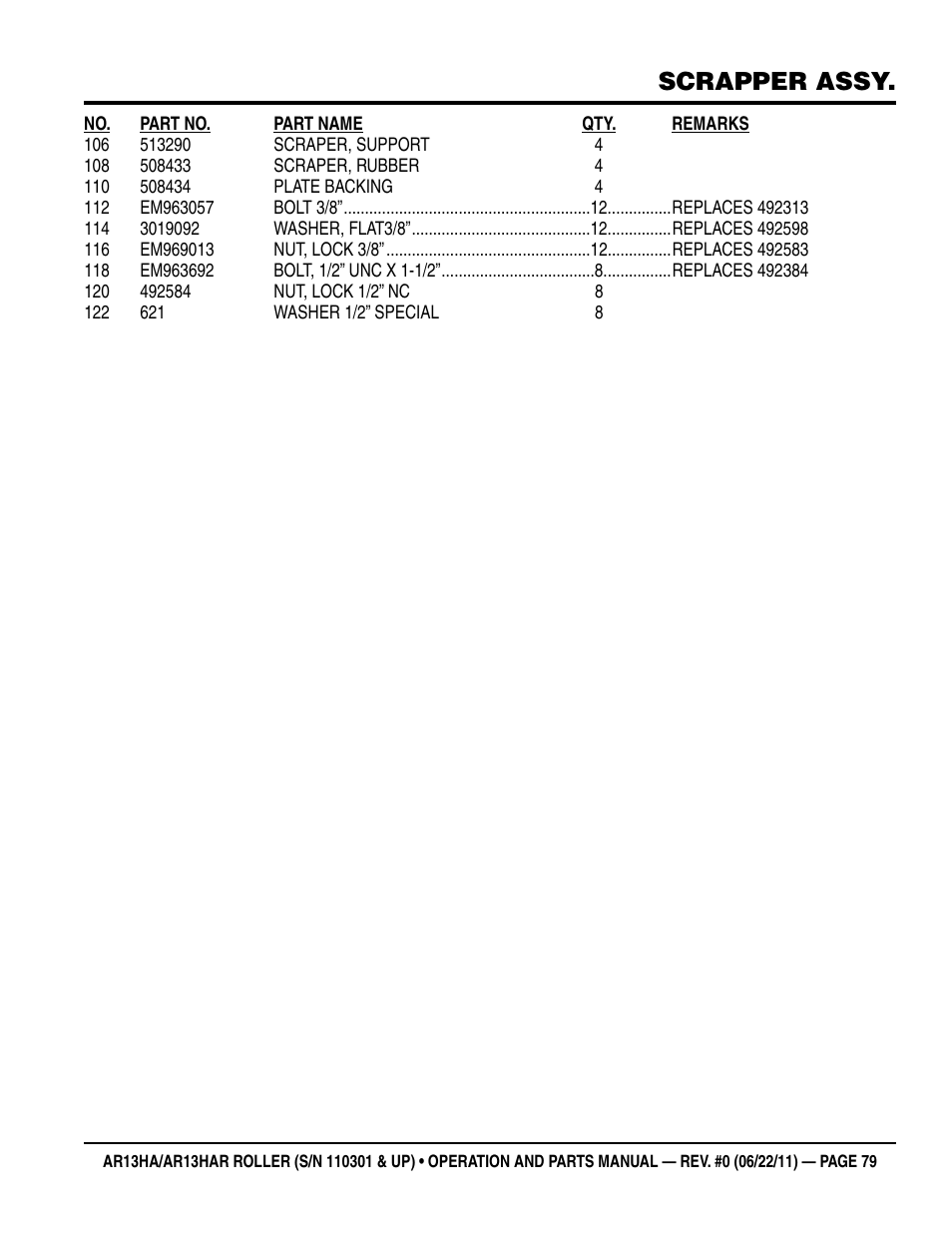 Scrapper assy | Multiquip AR13HAR User Manual | Page 79 / 82