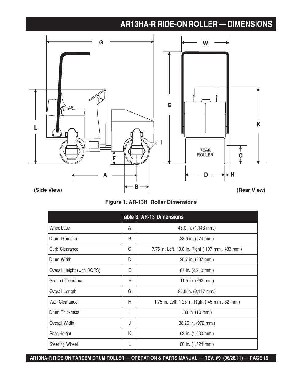 Ar13ha-r ride-on roller — dimensions | Multiquip AR13HAR User Manual | Page 15 / 116