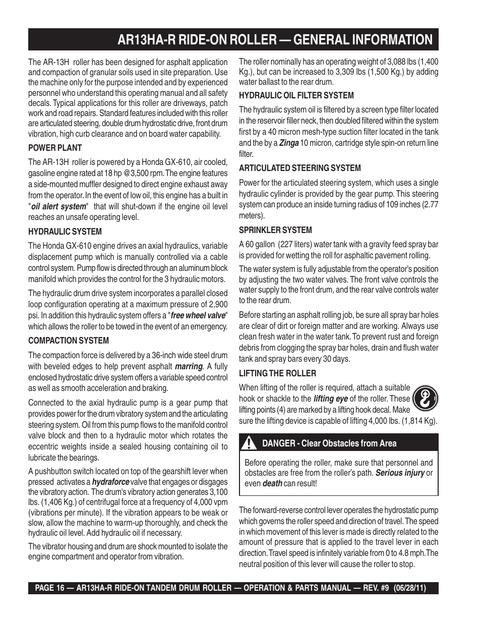 Ar13ha-r ride-on roller — general information | Multiquip AR13HAR User Manual | Page 16 / 116