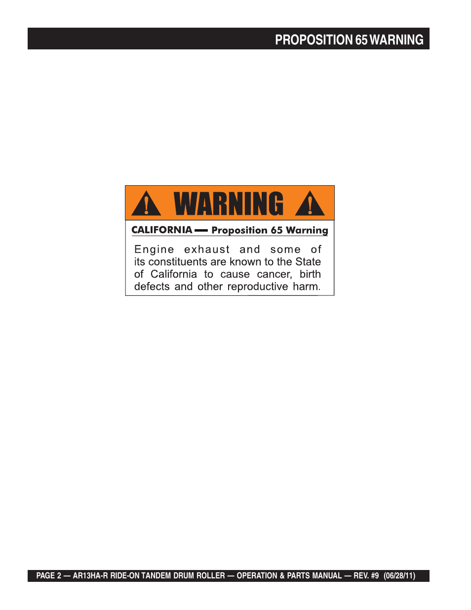 Proposition 65 warning | Multiquip AR13HAR User Manual | Page 2 / 116