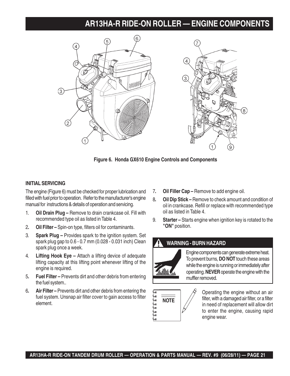 Ar13ha-r ride-on roller — engine components | Multiquip AR13HAR User Manual | Page 21 / 116