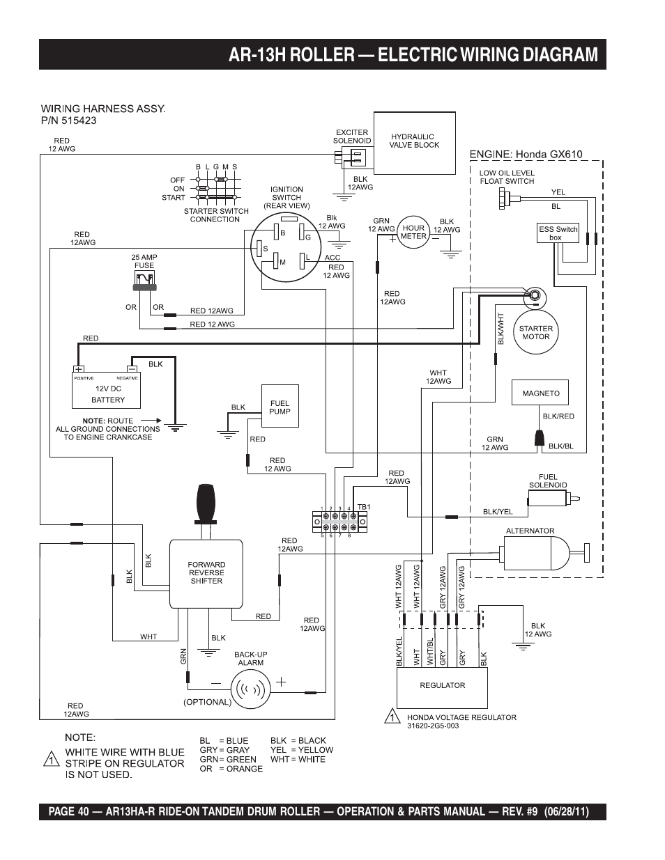 Ar-13h roller — electric wiring diagram | Multiquip AR13HAR User Manual | Page 40 / 116