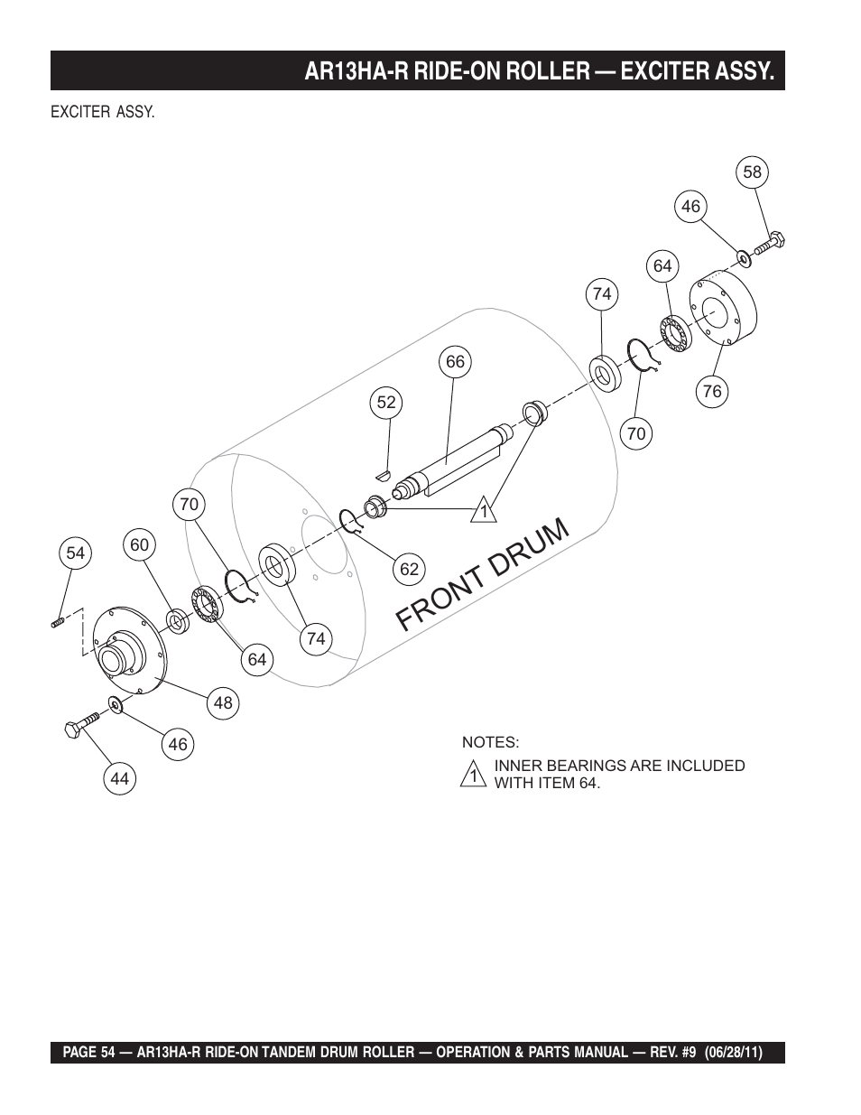 Front drum, Ar13ha-r ride-on roller — exciter assy | Multiquip AR13HAR User Manual | Page 54 / 116