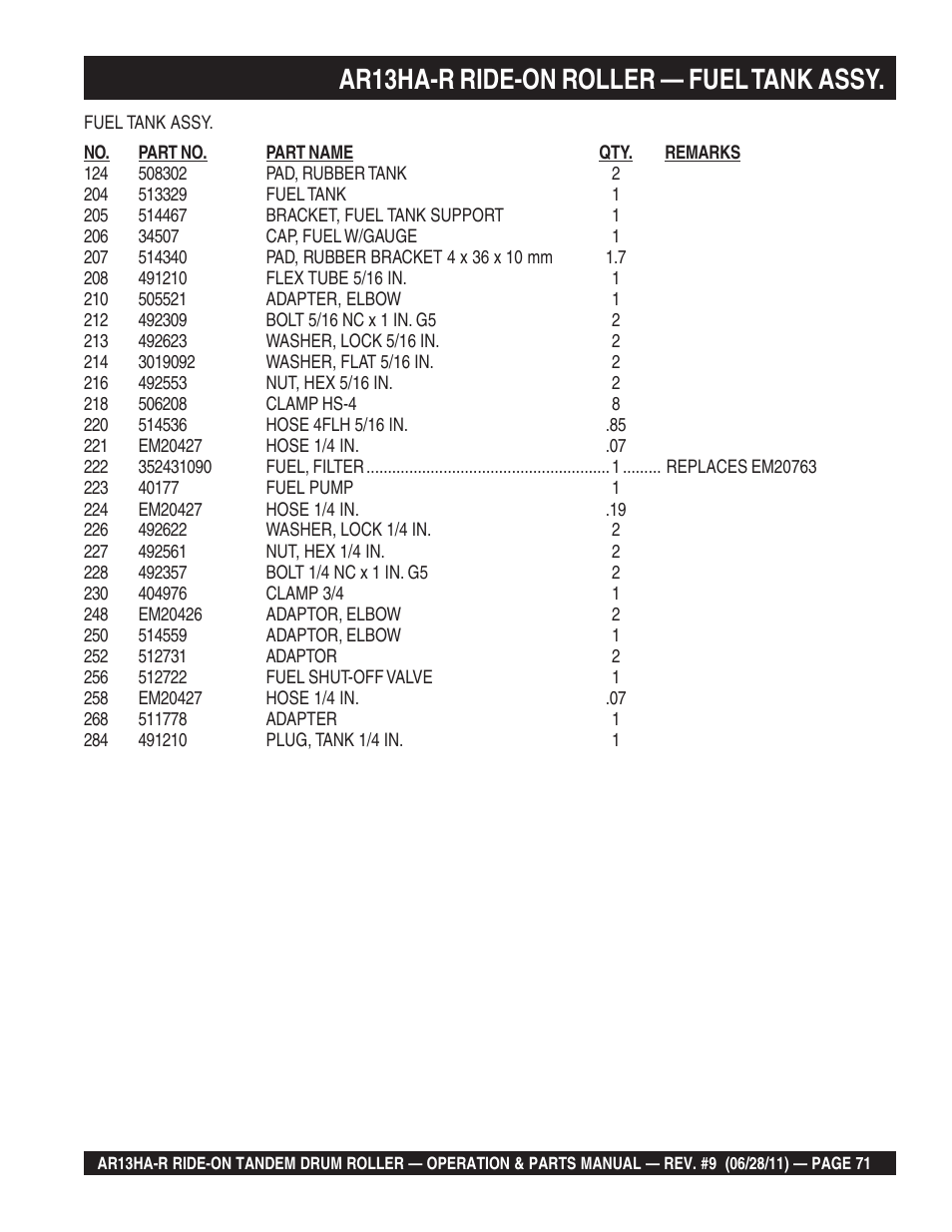 Ar13ha-r ride-on roller — fuel tank assy | Multiquip AR13HAR User Manual | Page 71 / 116