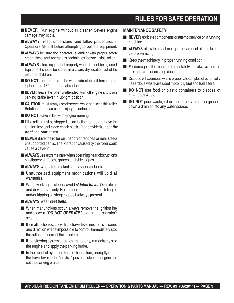 Rules for safe operation | Multiquip AR13HAR User Manual | Page 9 / 116