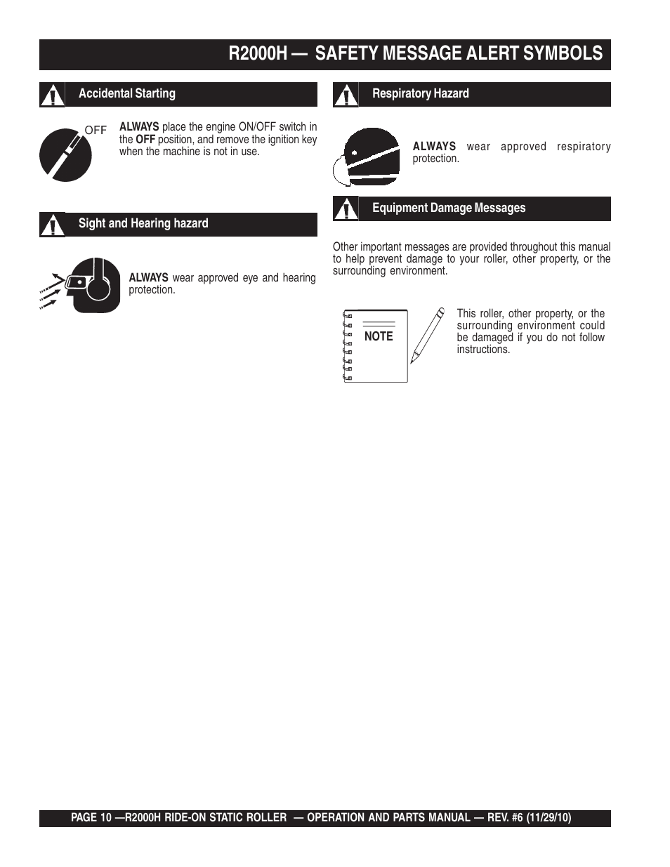 R2000h — safety message alert symbols | Multiquip R2000H User Manual | Page 10 / 90