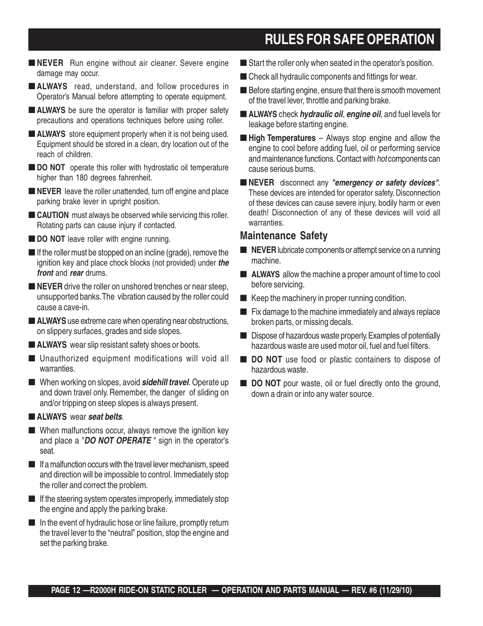 Rules for safe operation, Maintenance safety | Multiquip R2000H User Manual | Page 12 / 90