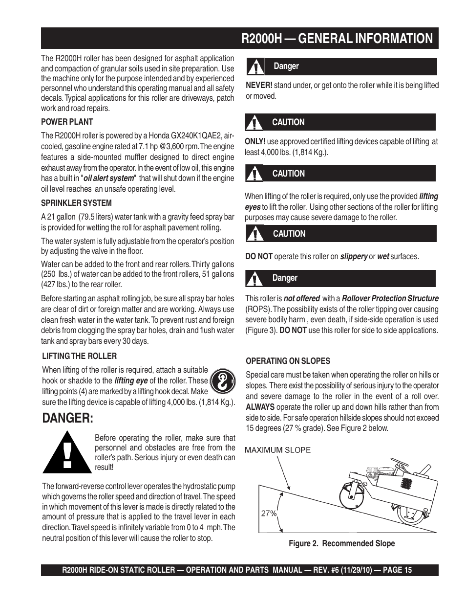 R2000h — general information, Danger | Multiquip R2000H User Manual | Page 15 / 90