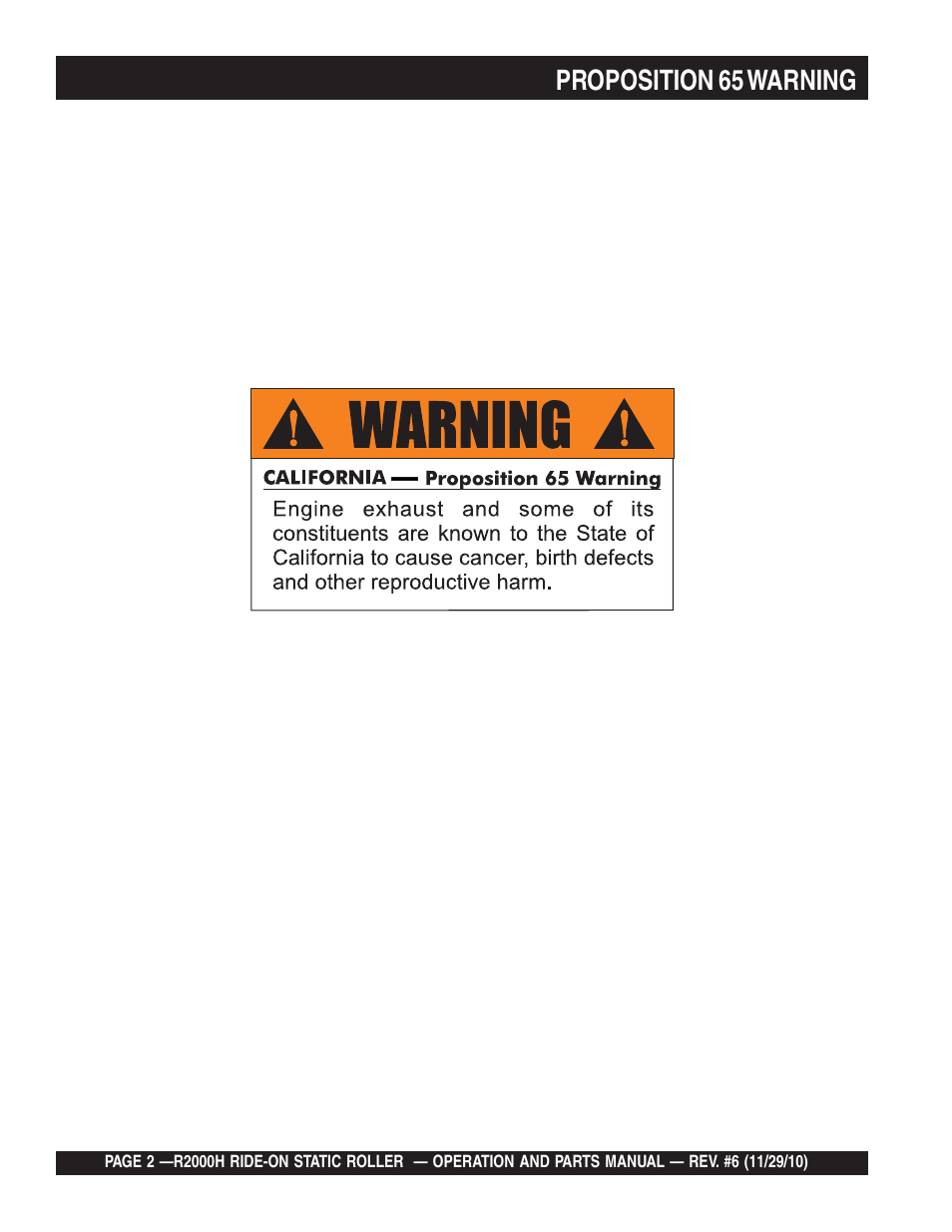 Proposition 65 warning | Multiquip R2000H User Manual | Page 2 / 90
