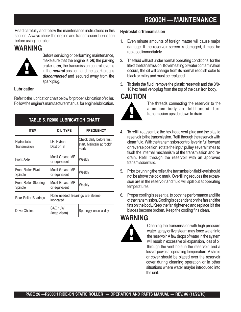 R2000h — maintenance, Warning, Caution | Multiquip R2000H User Manual | Page 26 / 90