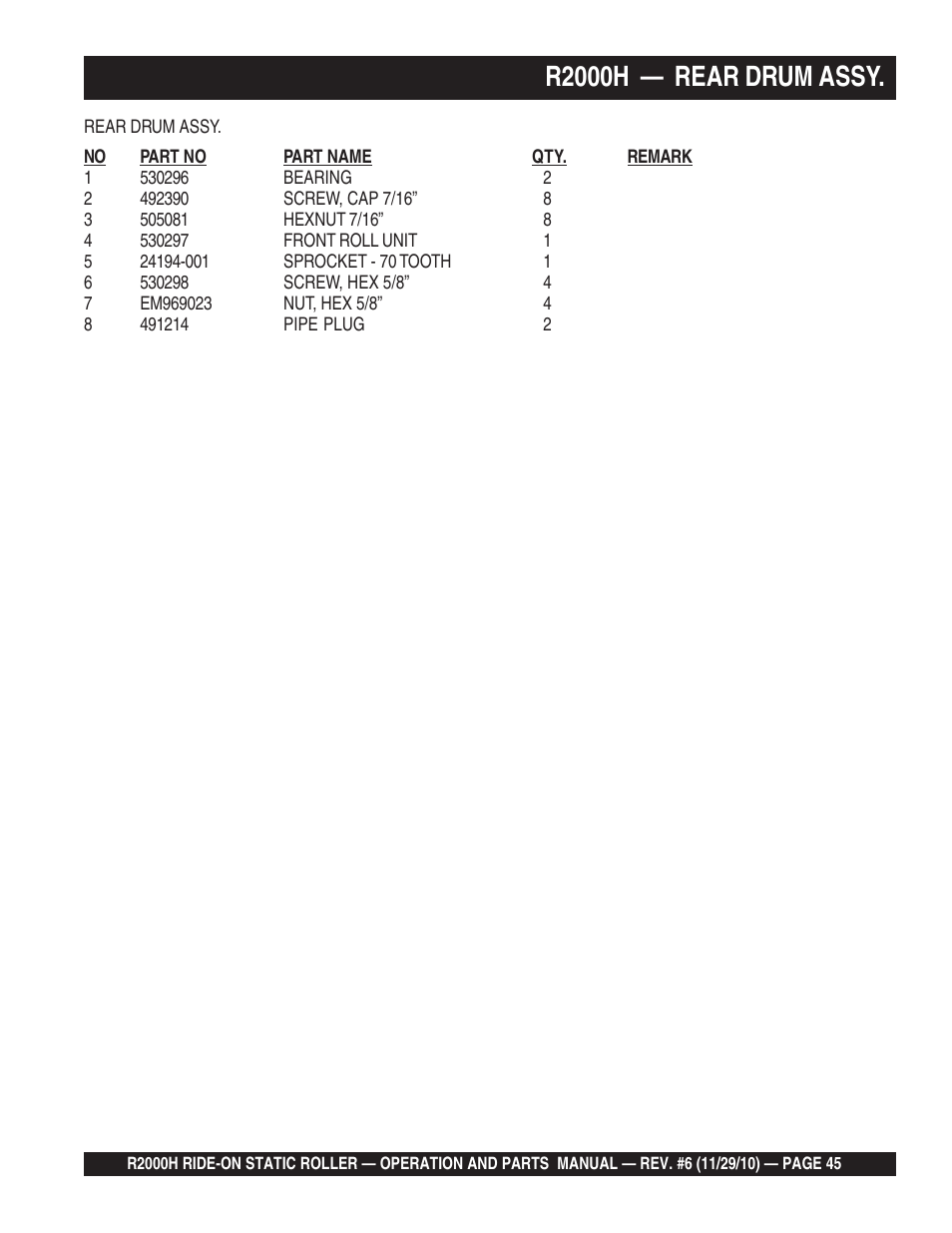 R2000h — rear drum assy | Multiquip R2000H User Manual | Page 45 / 90