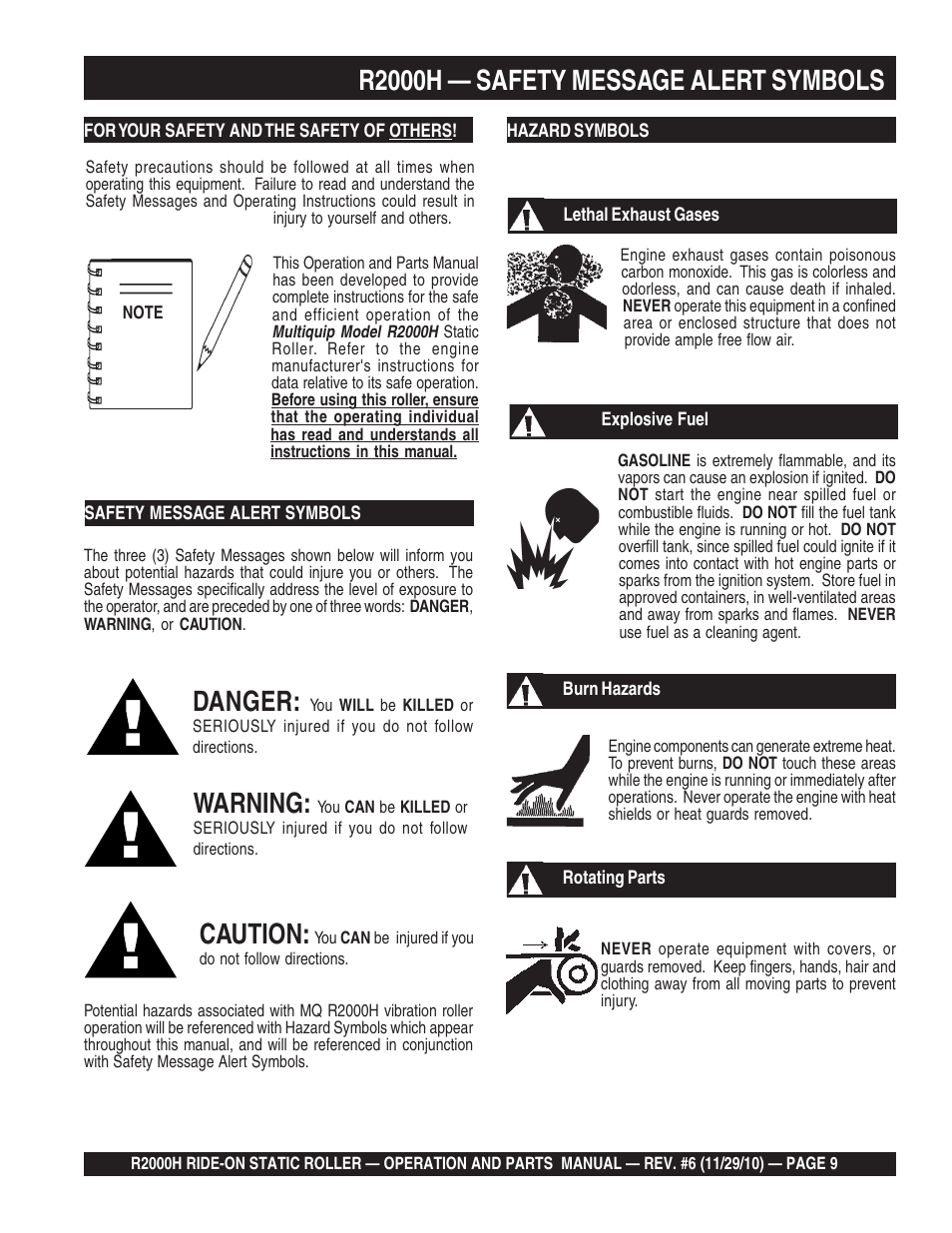 R2000h — safety message alert symbols, Danger, Warning | Caution | Multiquip R2000H User Manual | Page 9 / 90