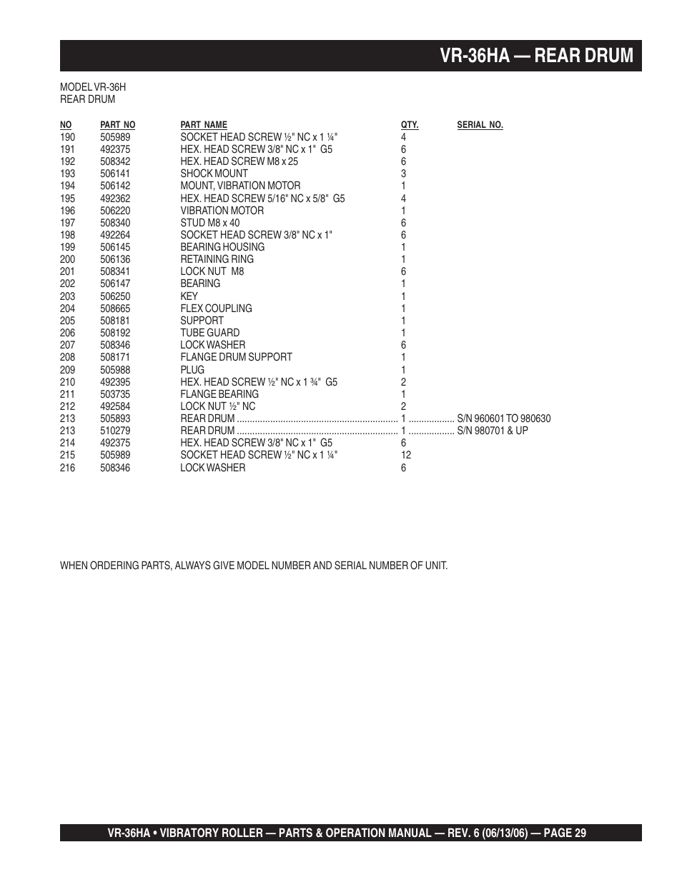 Vr-36ha — rear drum | Multiquip VR36HA User Manual | Page 29 / 66