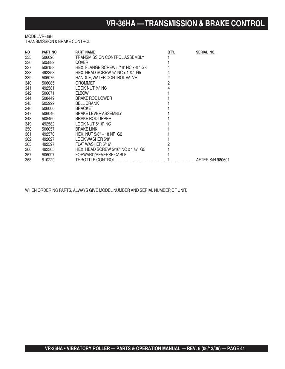 Vr-36ha — transmission & brake control | Multiquip VR36HA User Manual | Page 41 / 66