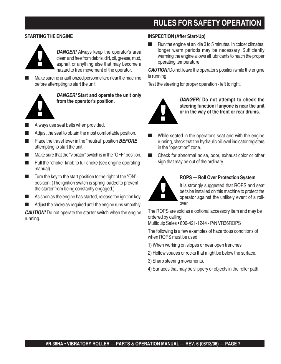 Rules for safety operation | Multiquip VR36HA User Manual | Page 7 / 66