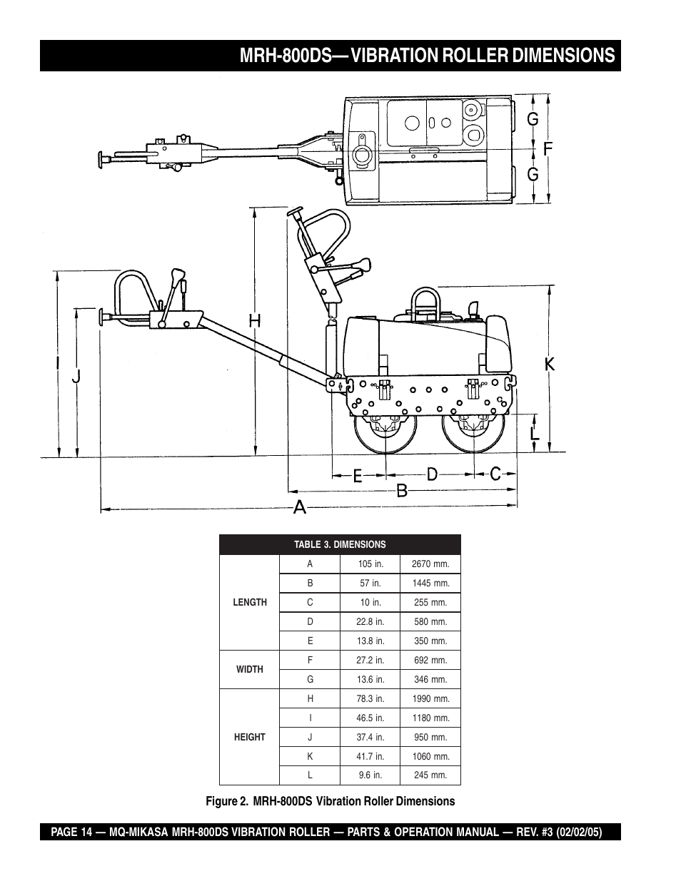 Mrh-800ds— vibration roller dimensions | Multiquip MRH800DS User Manual | Page 14 / 96