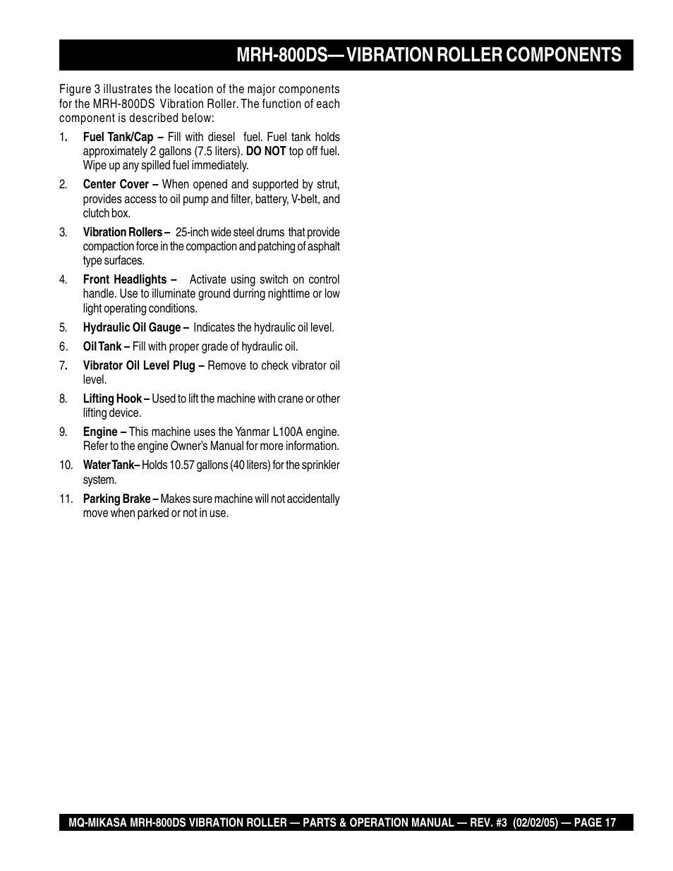 Mrh-800ds— vibration roller components | Multiquip MRH800DS User Manual | Page 17 / 96